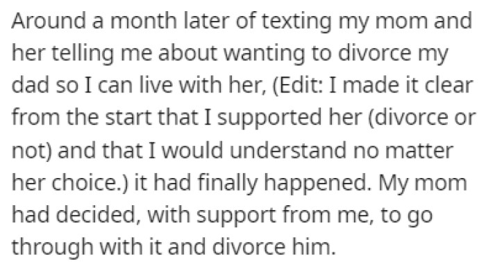 About a Month Later, OP's Mom Told Them That She Would Divorce Their Dad and Come Live with Them