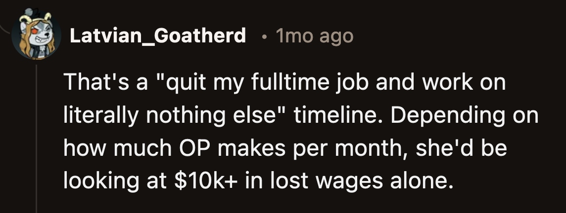 OP wouldn't be able to do anything besides crochet the wedding dress if they agreed to Jay's request.