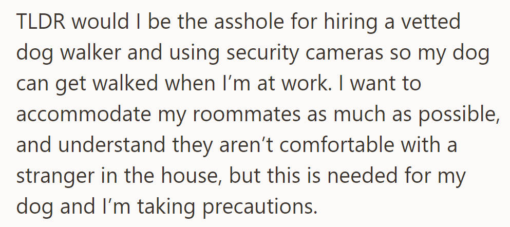 Would hiring a vetted dog walker with security cameras make them an asshole, considering roommates' concerns?