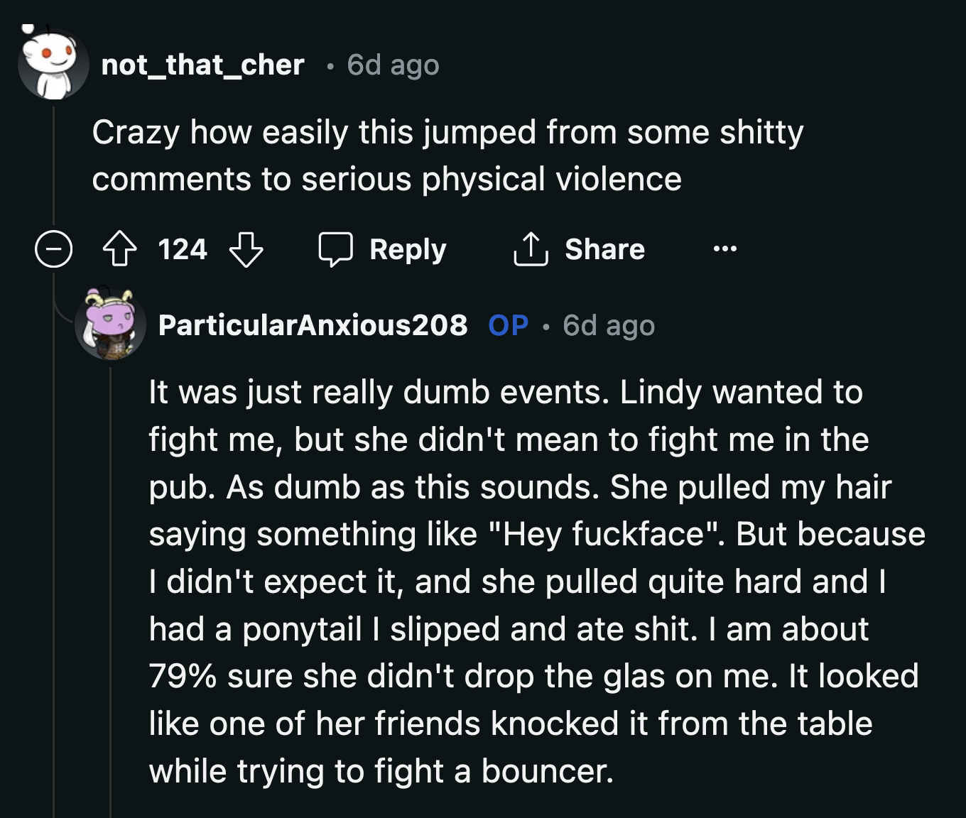 OP stated in a comment that while Lindy wanted to fight her, she didn't intend for it to escalate and happen at a pub.