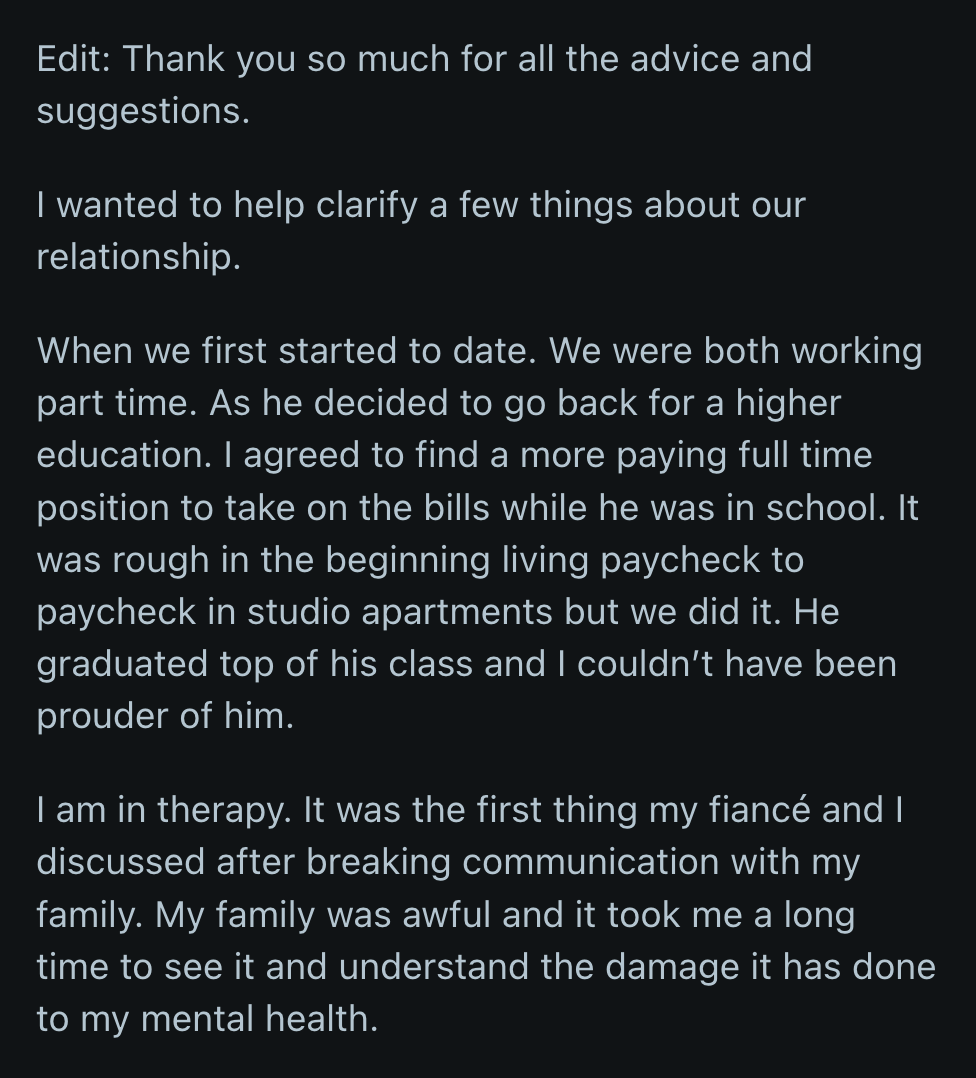 OP gave an overview of their relationship dynamic to answer those questioning their finances.