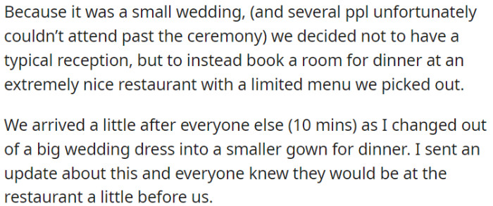 Because OP and her fiancé decided to have an intimate wedding, they made a reservation at an upscale restaurant and selected a restricted menu. They made sure to communicate this plan to everyone.