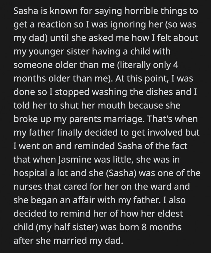 His dad finally spoke up, but OP wasn't about to let Sasha get away with her slander