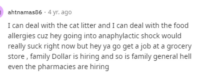 So many people are telling her to just find a job because that would help more than asking for things on Facebook.