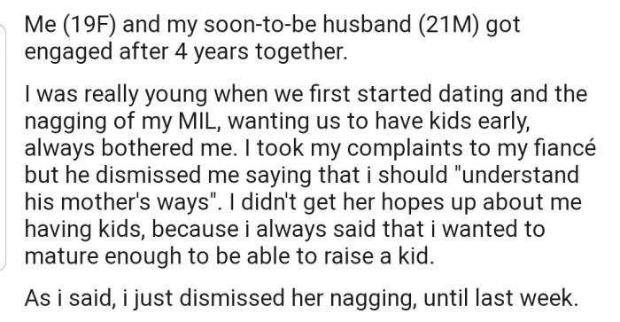 OP and her heartthrob are planning on tying the knot. As excited as OP is, she doesn't seem pleased with her MIL always nagging about them having kids early