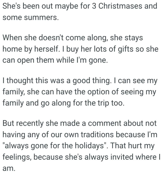 OP's gf made a comment about not having any of their own traditions because he's 