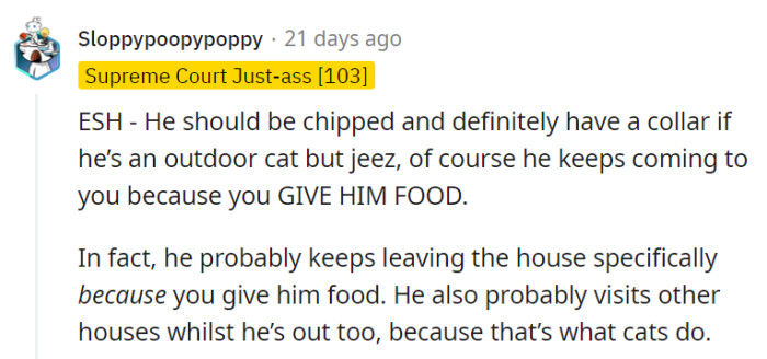 OP's unintentional food offerings have turned the cat into a savvy culinary explorer, a meow-sterchef on a neighborhood food tour!