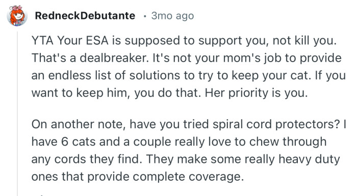 “YTA Your ESA is supposed to support you, not kill you. That's a dealbreaker.”