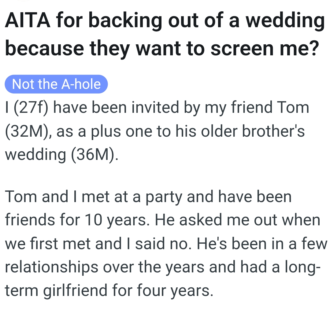 The OP and Tom met at a party and have been friends for 10 years