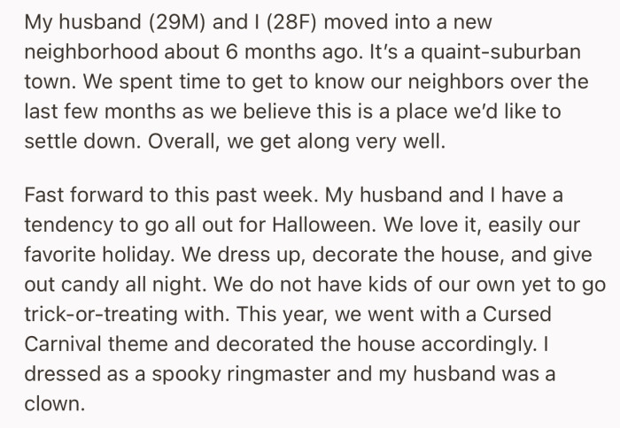 OP and her husband love going all out for Halloween with costumes and decorations