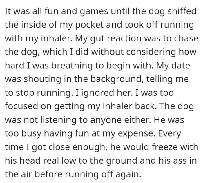 The dog takes OP’s inhaler from his pocket and gets away with it. Maybe due to panic, he runs after it—you know this isn’t going to end well.