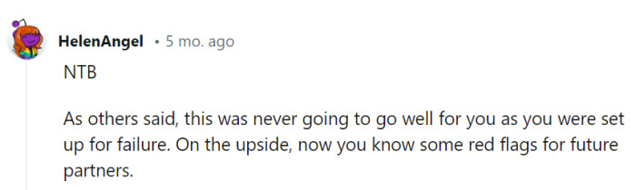 It was a setup for failure from the start. On the plus side, she's upgraded her red flag radar for future partners.