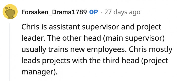 Chris does not deal with new hires and focuses on leading projects