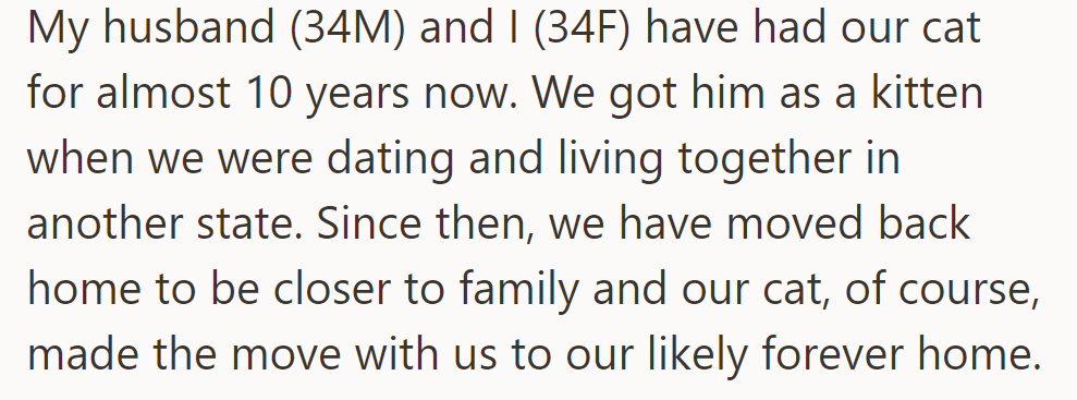 OP and her husband got a kitten while dating in another state. They've moved back home, bringing the cat along.