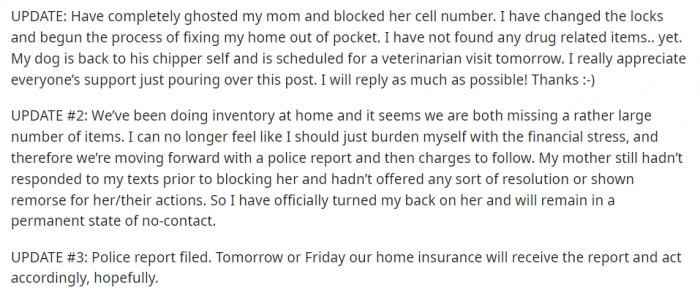 He went back to this post to give some updates, and he had no choice but to file a police report against his mother.