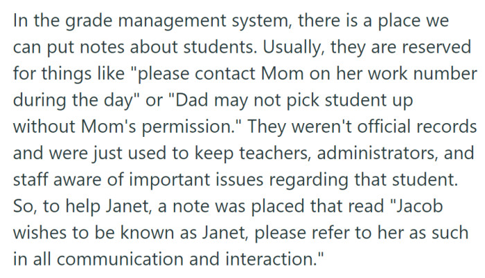 A note in the grade system informed everyone to call her 