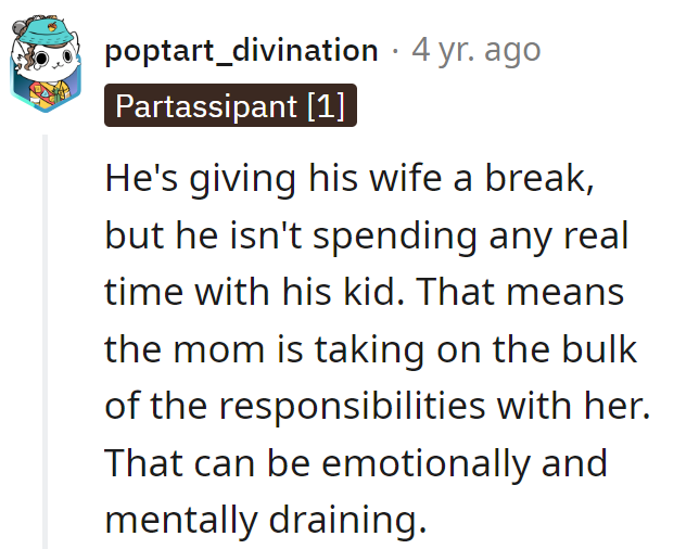 Breaks for mom, but the kid's missing out. It's like a solo act in a family circus.