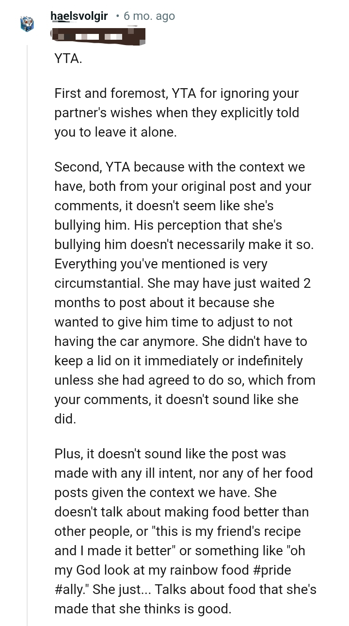 OP Ignored His Partner's Wish