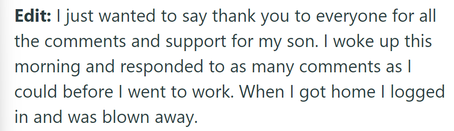 OP expressed gratitude for the overwhelming support and comments regarding their son's situation.