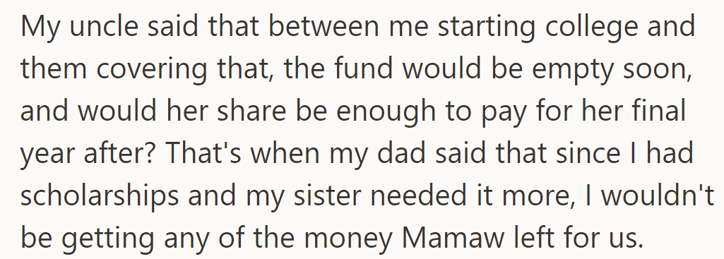 Uncle is concerned about the funds. Dad prioritized OP's sister's needs over OP's college expenses.