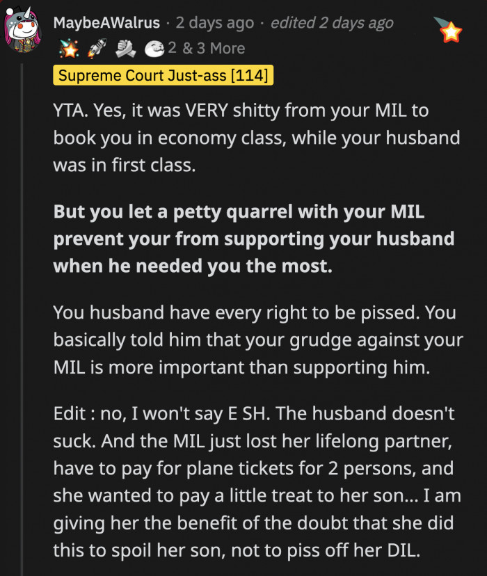OP is still the biggest a**hole according to this Redditor since she prioritized her grudge with MIL over supporting her husband.
