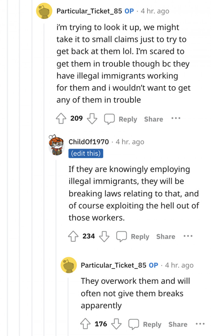 OP and his girlfriend want to take the company to small claims court but are afraid of hurting the immigrant workers there.