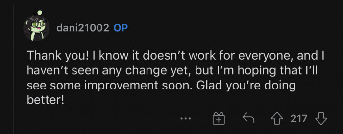 OP's health has been improving ever since she started working out.