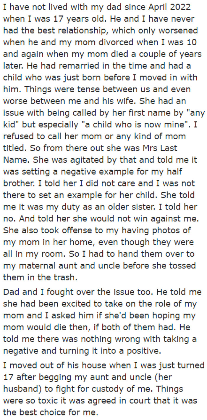 She explains her family situation. Previously she lived with her dad and stepmom.