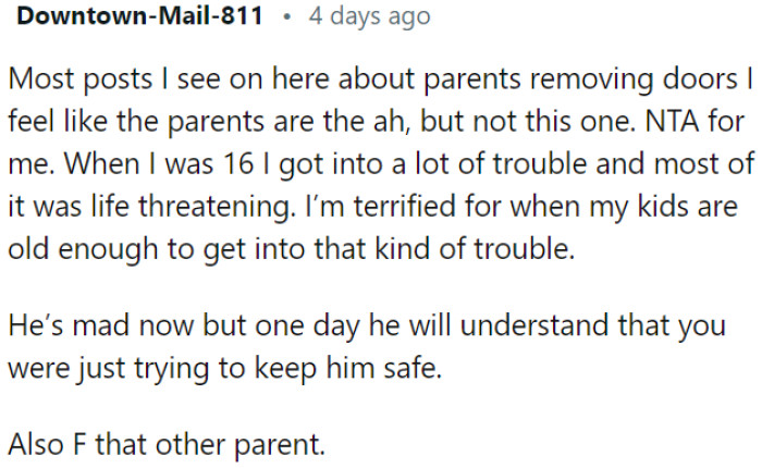 OP's decision to remove her child's door is seen as justified for safety reasons.