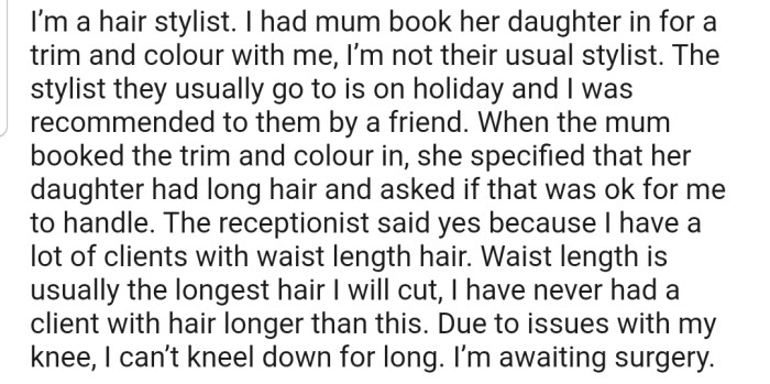 A client booked OP to trim and color her daughter's hair