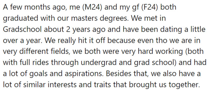 OP met his girlfriend in grad school.