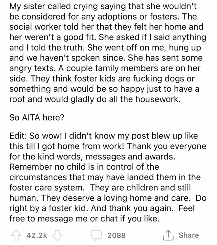 3. When OP found out the reason, she told the social worker.