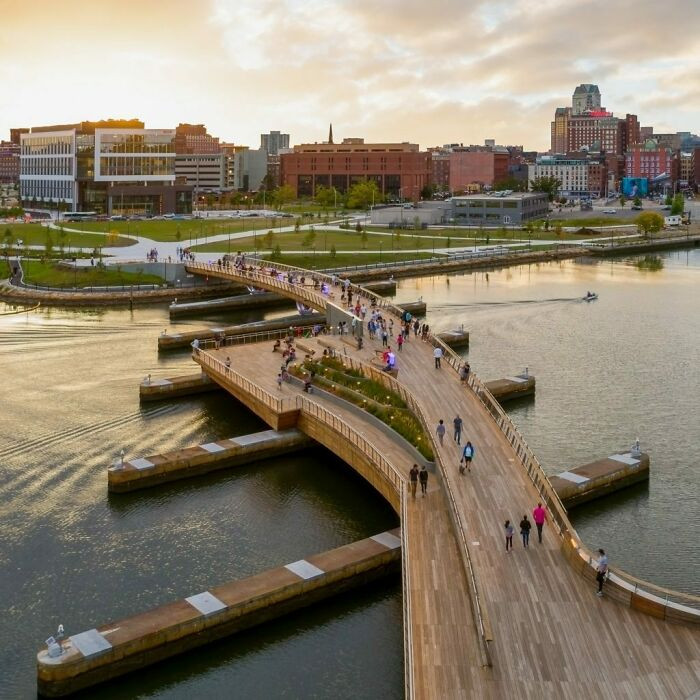 19. Curved Pedestrian Bridge Links Two Riverfront Parks In Providence, Rhode Island