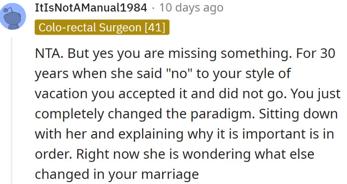 A Redditor explained to the OP his wife's point of view