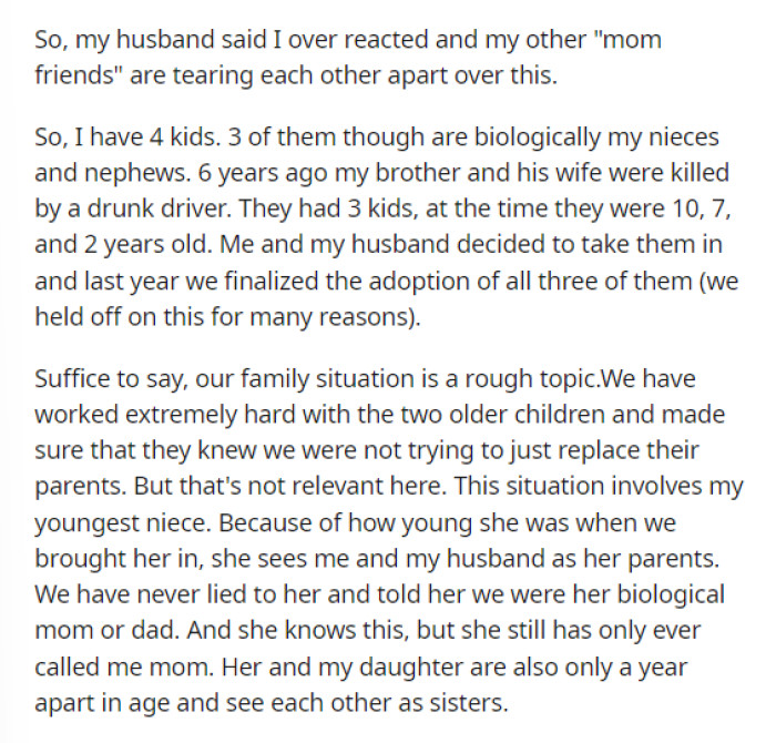 OP's post is pretty straightforward, and she explains the story to us in detail, including the backstory and how the conversation unfolded.