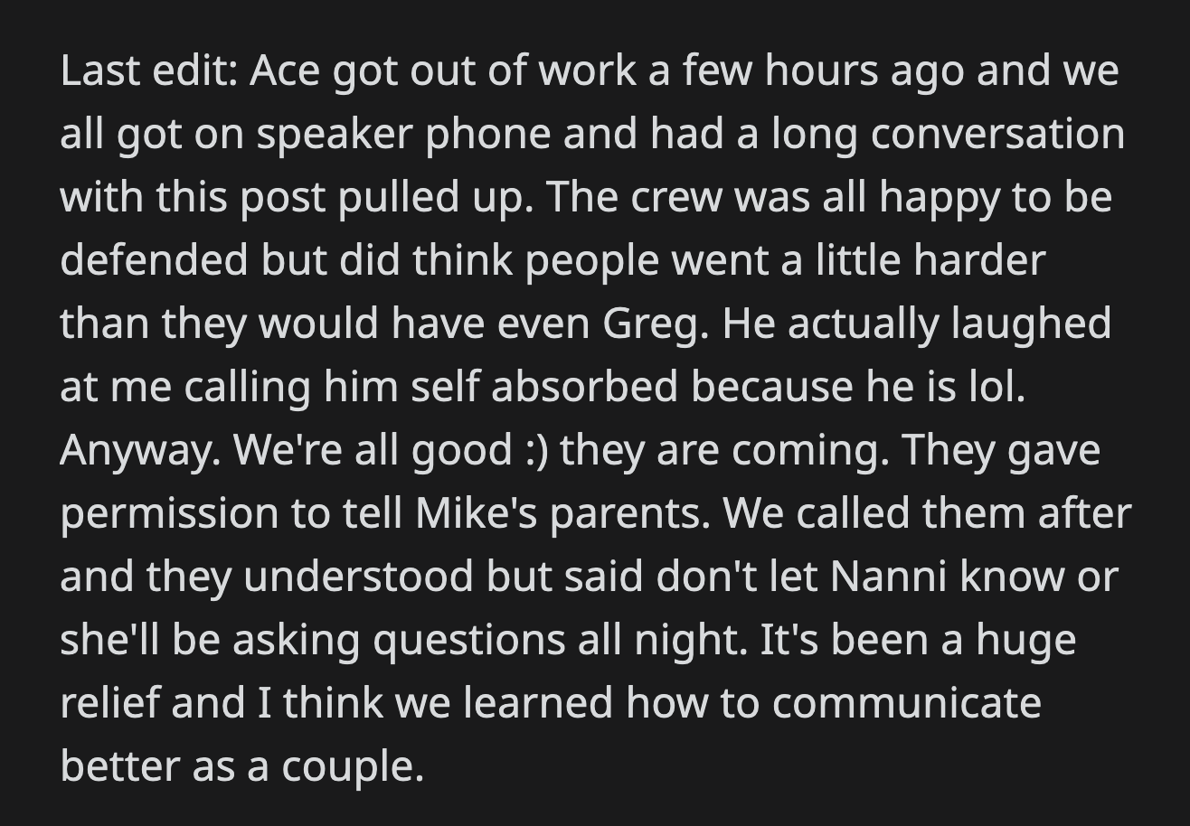 They talked again when Ace got out of work, cleared the air, and had a  few laughs over the Reddit post. They told Mike's parents about Marissa's polyamorous relationship with their consent.