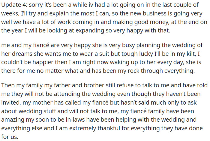 OP's father and brother still refuse to communicate with him and have made it clear that they will not be attending his wedding