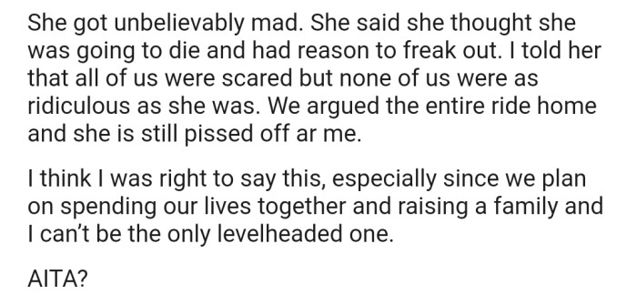 OP's fiancée got unbelievably mad, causing both of them to argue throughout the ride home