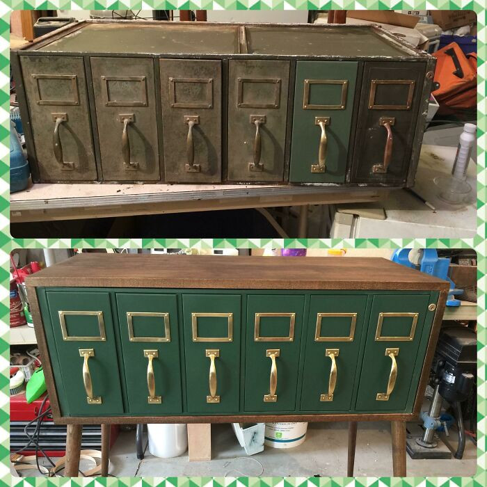 6. He salvaged a piece from a discarded military file cabinet, cleaned it, painted it, wrapped it in scrap wood, added legs, and voilà!