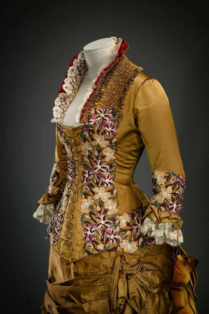"Yellow Ochre Moiré Silk Gown With Whalebone Bodice. 1881"
