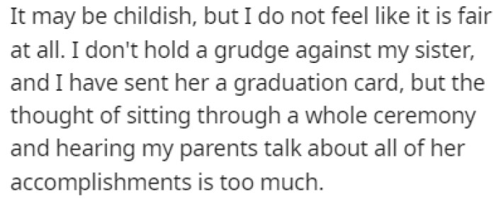 OP doesn't want to sit through her sister's graduation ceremony, listening to her parents praise her