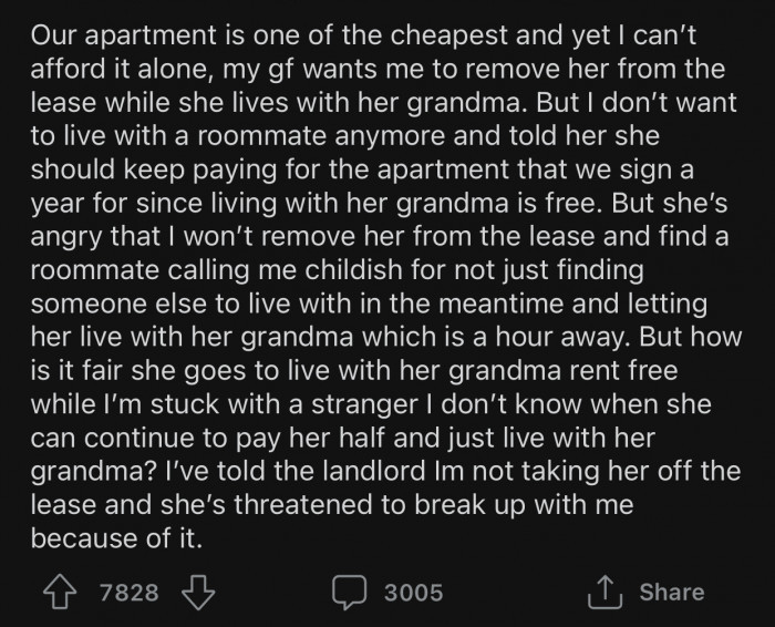 OP thinks it's unfair that his GF gets to live rent-free while he's stuck with a roommate.