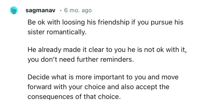 “Decide what is more important to you, move forward with your choice, and also accept the consequences of that choice.”
