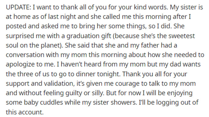 OP begins her post by explaining an update on the situation and how everyone reacted. It turns out that her family was mostly on her side, rather than her mom's.