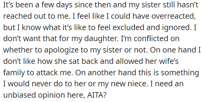 OP is torn between apologizing for possibly overreacting and standing her ground against feeling excluded.