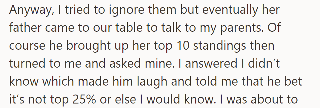 Ignoring them failed; her father asked about her top 10 standings and OP's. Her father implied his rank wasn't in the top 25%.