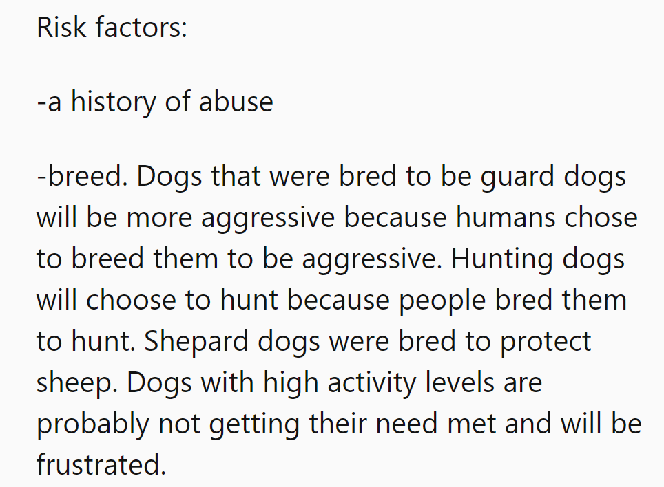 Risk factors: history of abuse and breed. Remember, every dog’s personality is shaped by human choices—so choose wisely!