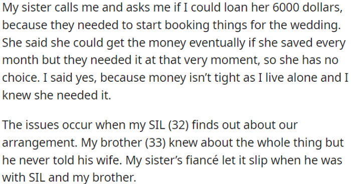OP's sister requested a $6,000 loan for her wedding, which OP agreed to. However, a problem arose when OP's brother's wife found out about the loan.