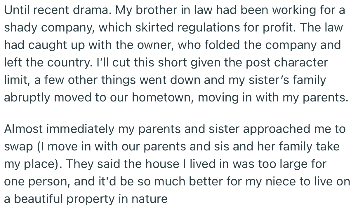 OP’s Sister’s Family Was Rendered Homeless After a Business Deal Went Wrong. Now Their Parents Want OP to Move into Their Home While Her Sister Moves into the Rural House