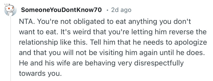 “NTA. You're not obligated to eat anything you don't want to eat.”